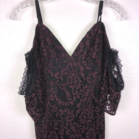 Bardot Dress Womens 6 Lace floral cold shoulder midi Bodycon Burgundy I - Picture 4 of 9